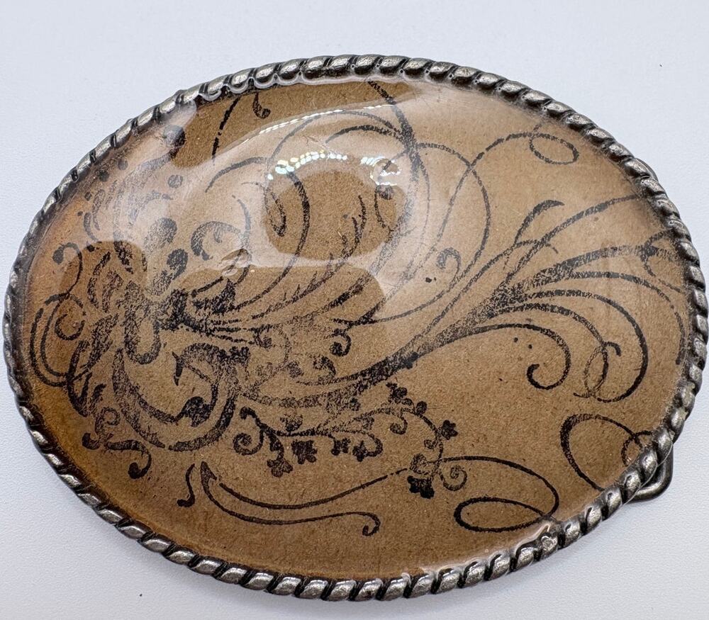 Princess & Butch Western Boho Oval Belt Buckle- Tan with Floral Scrollwork